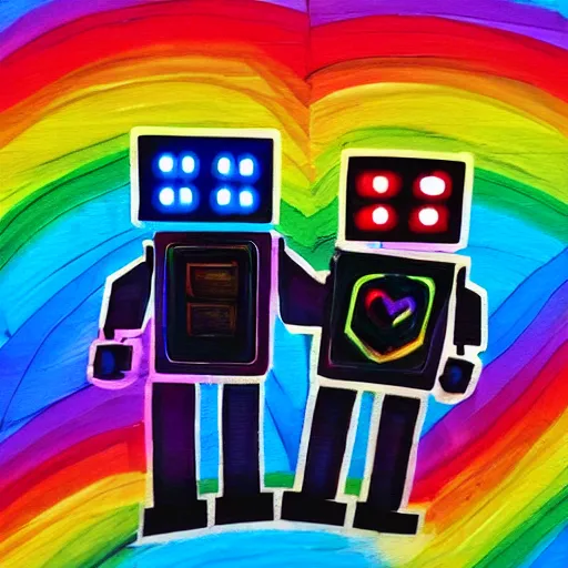 Image similar to Just two rainbow robots in love