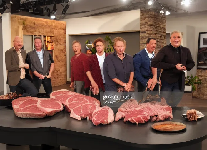 Image similar to qvc tv show product showcase pile of nasty meat men flesh, studio lighting, limited time offer, graphics $ 9 9 call now