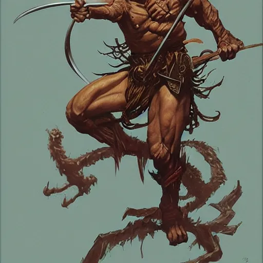 Image similar to quarter length portrait of a japanese hobgoblin, d & d, fantasy, greg rutkowski, frank frazetta, alexandre chaudret, boris vallejo, michael whelan, miro petrov, hr giger, magali villeneuve, donato giancola