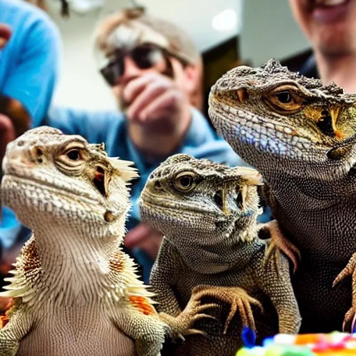 Prompt: a group of bearded dragons having a birthday party