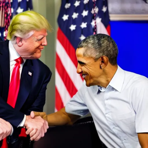Prompt: Photo of Barack Obama smiling and shaking hands with Donald Trump wearing a blue shirt, realistic