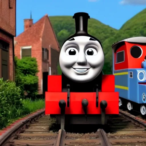Image similar to Steve Buscemi's face on Thomas the Tank Engine, cinematic, 8k, Unreal Engine render