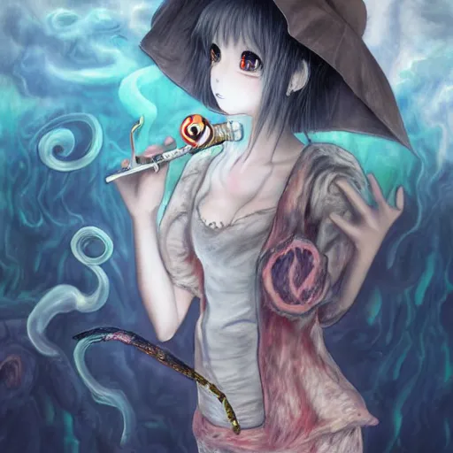 Image similar to big eyed shoggoth anime-girl smoking a cigarette hyperreality painting by amano yoshitaka, lilia alvarado 8k hd hyperdetailed deviantart shoggoth meat slime smoking a cigarette lovecraftian horror shoggoth