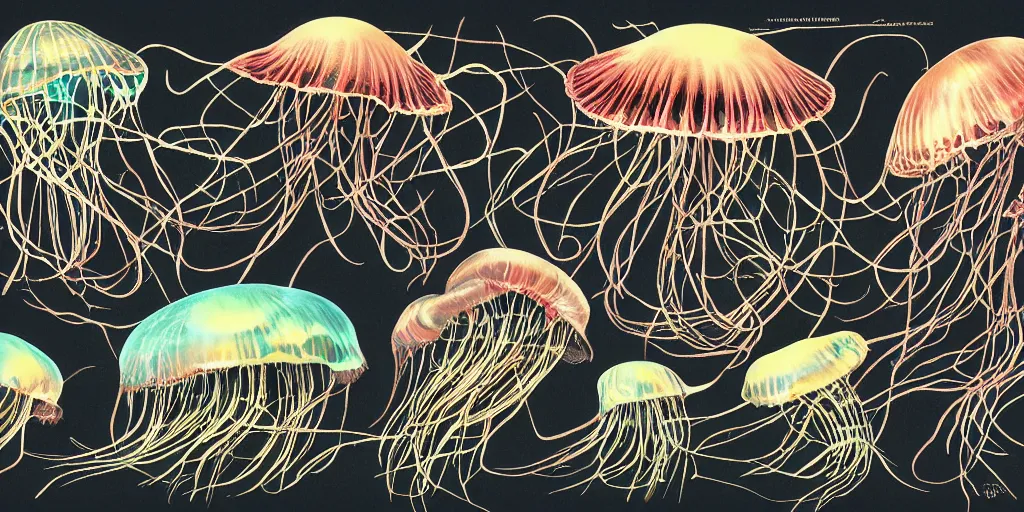 Image similar to full color page scan of various vintage jelly fish illustrations on black background, in matte painting, 2 d, kitbash, 4 k