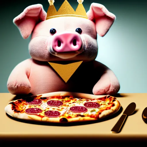 Image similar to realistic photo of a cute plush pig wearing a gold crown eating a pizza at a table with a bib on, high quality, cinematic concept art