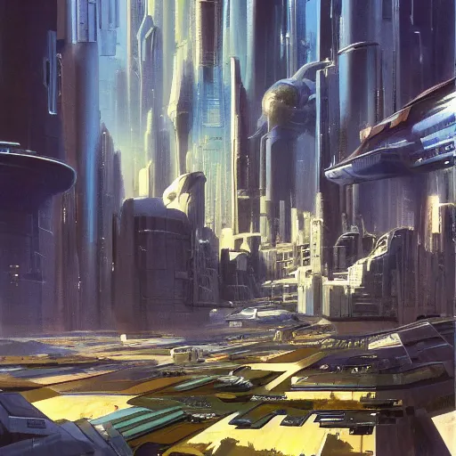 Prompt: a megalopolis full of archologies extending into space in the style of Ralph McQuarrie/Syd Mead/John Berkey