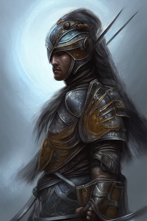 Prompt: half - length portrait of a depressed warrior in armor. fantasy, digital painting, hd, detailed.