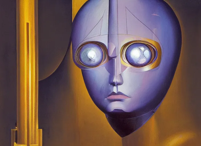 Image similar to a portrait headshot of sci fi metallic human, bright eyes, melancholic complex geometric figure liminal machinery by oskar schlemmer, moebius, john berkey, film grain, oil on canvas, portrait facial head, featured on artstation, hd wallpaper, 8 k, bright colors