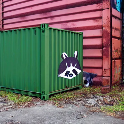 Image similar to raccoon graffiti on rusty green shipping container,