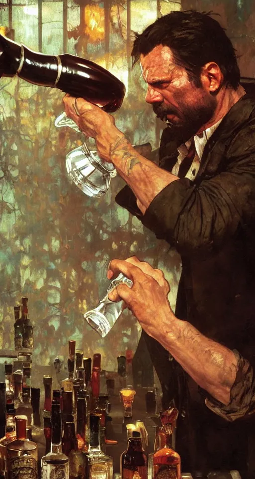 Prompt: close up of bloodied max payne pouring a drink, sun shining, photo realistic illustration by greg rutkowski, thomas kindkade, alphonse mucha, loish, norman rockwell.