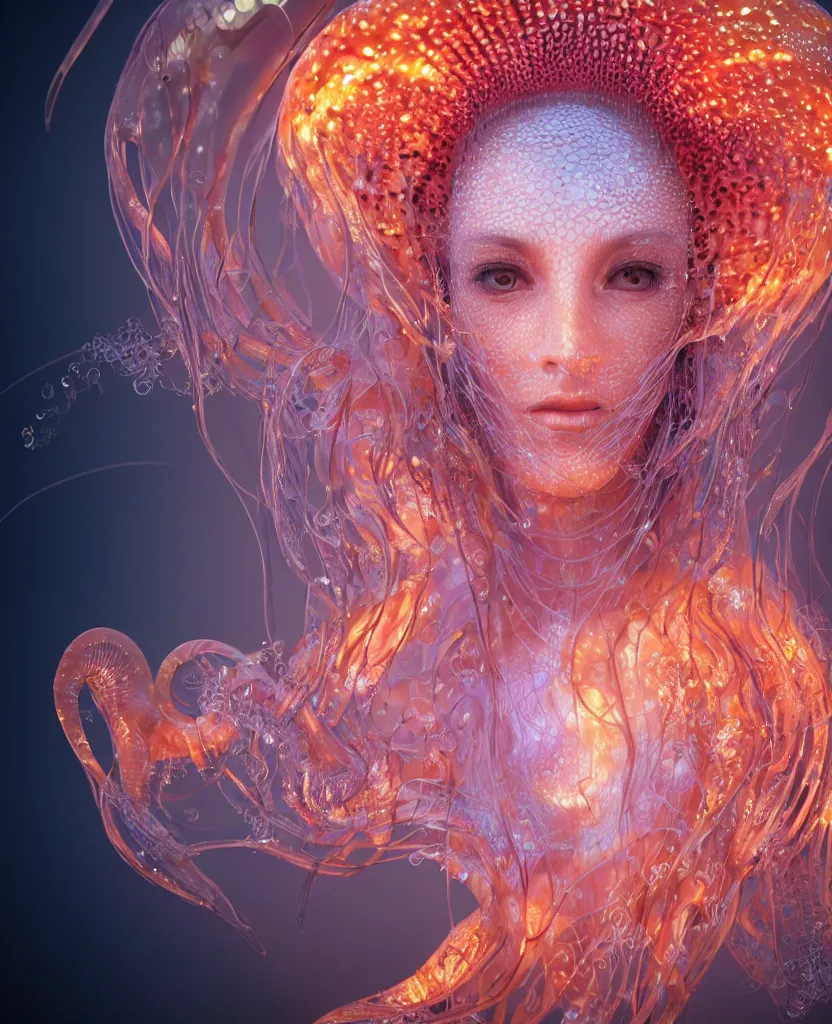 Image similar to close-up macro portrait of the face of a beautiful princess, epic angle and pose, symmetrical artwork, 3d with depth of field, blurred background, cybernetic jellyfish female face skull phoenix bird, translucent, nautilus, energy flows of water and fire. a highly detailed epic cinematic concept art CG render. made in Maya, Blender and Photoshop, octane render, excellent composition, cinematic dystopian brutalist atmosphere, dynamic dramatic cinematic lighting, aesthetic, very inspirational, arthouse. y Greg Rutkowski, Ilya Kuvshinov, WLOP, Stanley Artgerm Lau, Ruan Jia and Fenghua Zhong