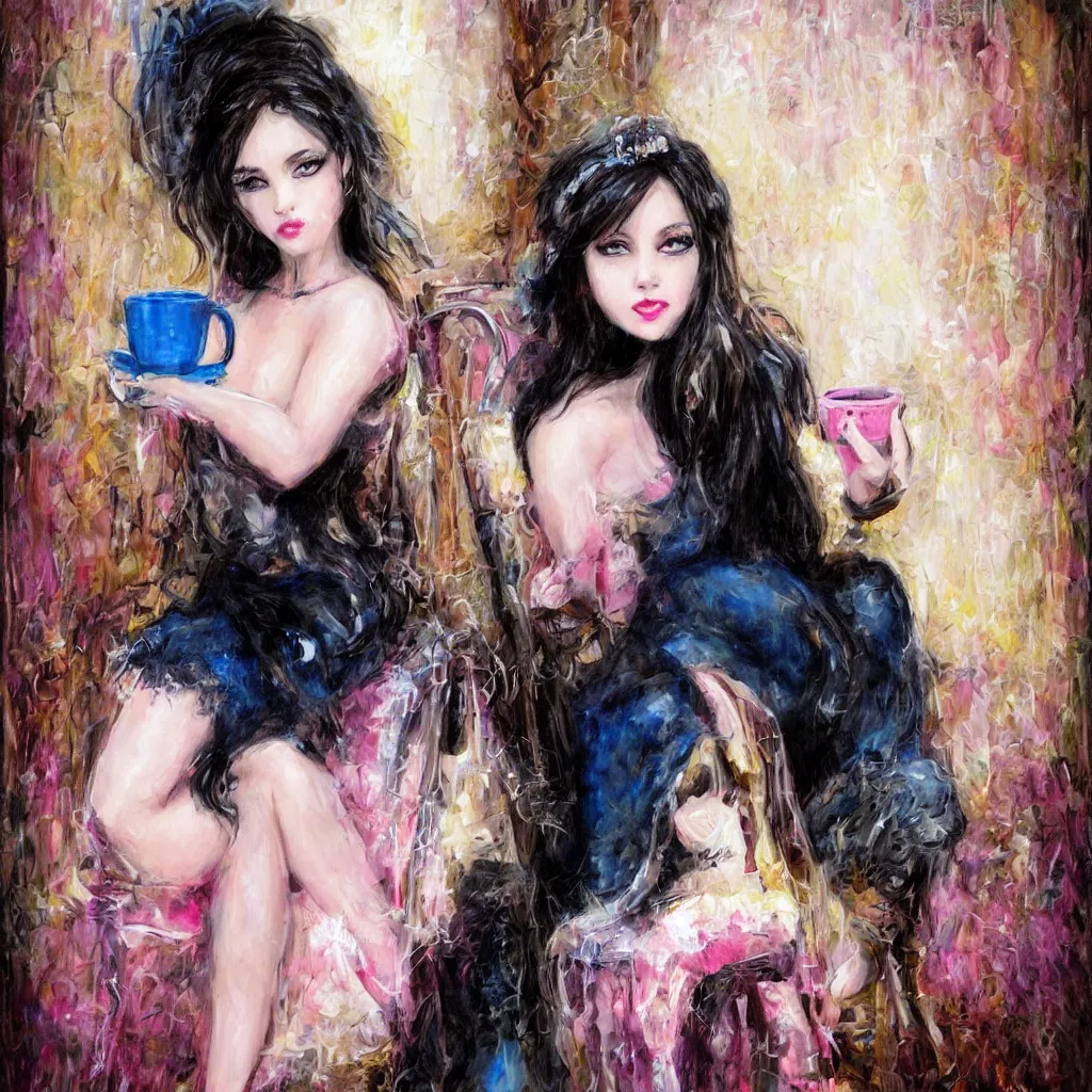 Image similar to beautiful young dark haired girl, with blue eyes, pink lips, dark eye shadow, lois royo style, dark princess of coffee, sitting on a throne drinking coffee.