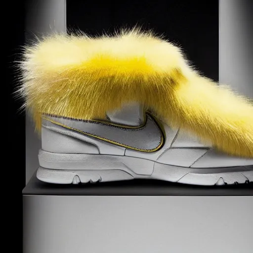 Prompt: nike shoe made of very fluffy yellow faux fur placed on reflective surface, professional advertising, overhead lighting, heavy detail, realistic by nate vanhook, mark miner