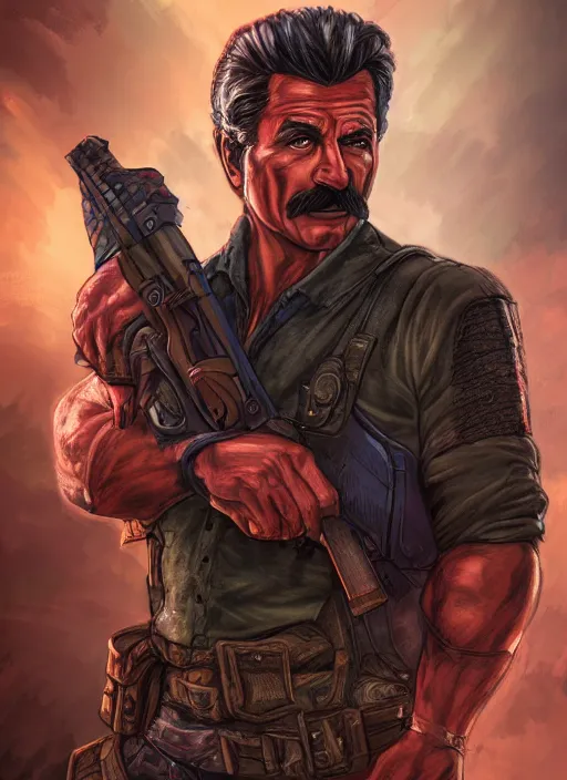 Image similar to A fantasy comic book style portrait painting of Magnum P.I as a paladin in a atmospheric dark fortress, unreal 5, DAZ, hyperrealistic, octane render, RPG portrait, ambient light, dynamic lighting