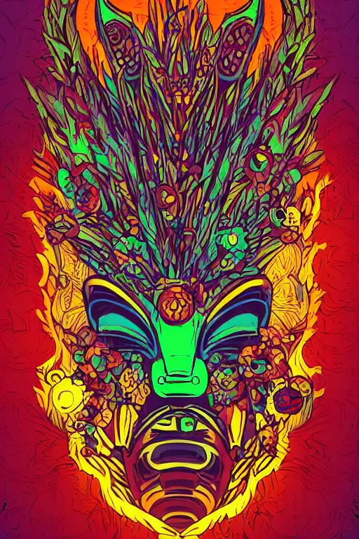 Image similar to animal mask totem roots flower tribal feather gemstone plant wood rock shaman vodoo video game vector cutout illustration vivid multicolor borderlands comics by josan gonzales and dan mumford radiating a glowing aura