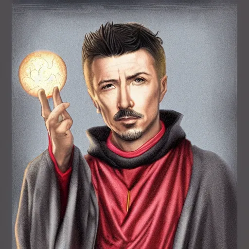 Prompt: petyr baelish smirking dressed in grey robes with red and gold trim, slightly turned to the right, ultra detailed, photorealistic, holding a crystal ball, magic the gathering style art, standing with a black background, high quality,