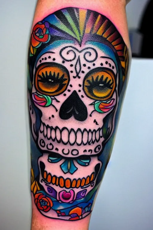 Image similar to tattoo of sugar skull, bright colors