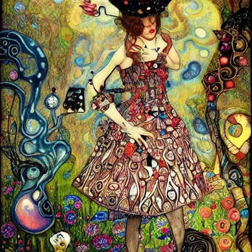 Prompt: alice in wonderland tripping on lsd, intricate detail, painting, jazz age, klimt, miro, royo, frazetta, whealan,