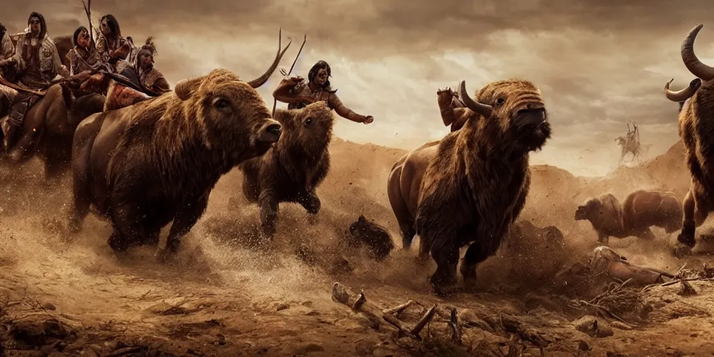 Prompt: indian tribe on wood ATV attacking bisons, action scene, an epic western, dramatic lighting, cinematic, establishing shot, extremely high detail, photorealistic, cinematic lighting, artstation, octane render, old photo, buffalo hunt movie, alpha movie, western, ultra sharp, clean symmetrical faces, high detail, intricate,hypermaximalist,hyper realism