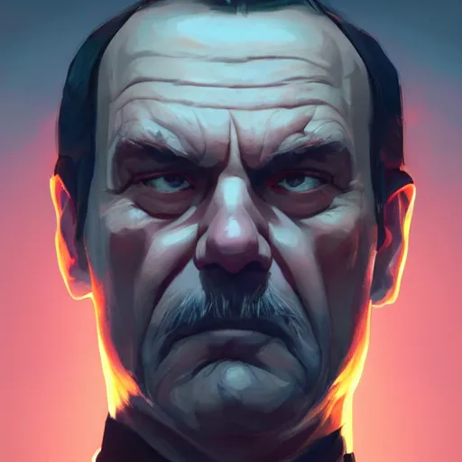 Prompt: centered mid ground full face portrait of an old man with a round face and a stern look, cyberpunk dark fantasy art, gta 5 cover, official fanart behance hd artstation by jesper ejsing, by rhads, makoto shinkai and lois van baarle, ilya kuvshinov, ossdraws, unreal engine