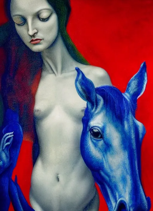 Image similar to only with blue, ney motogrosso in love with a red stallion, too many hands in all directions, in hoc signo vinces, waterfall, in the style of leonora carrington, gottfried helnwein, raqib shaw, chiaroscuro intricate composition, blue light by caravaggio, insanely quality, highly detailed, masterpiece, red light, artstation