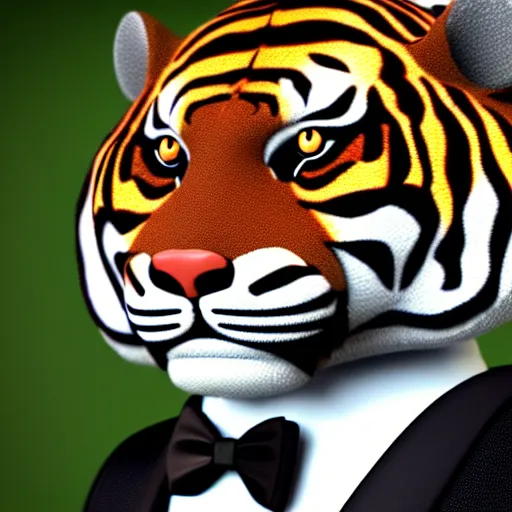 Image similar to anthropomorphic tiger in a black suit, ultra detail, ultra realistic, soft fur, ssao 8 k