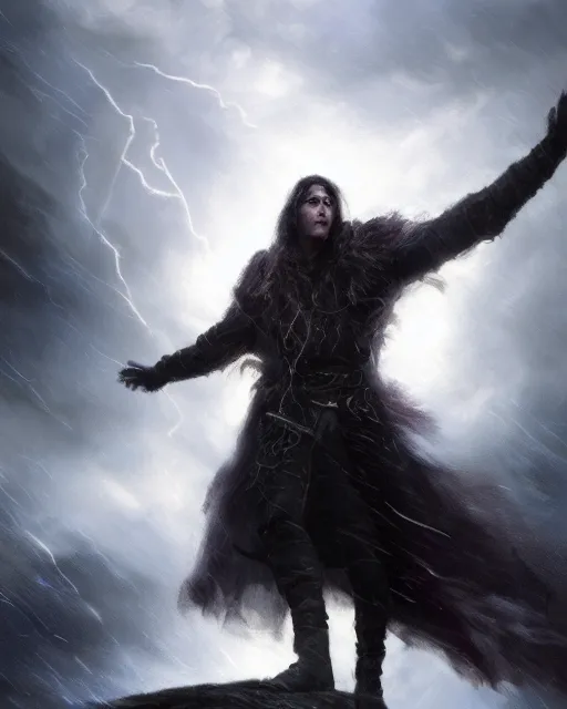 Image similar to oil painting of Anthropomorphized Raven Sorcerer casting spell, magical runes flying, wearing fur cloak, sharp focus, lightning storm background, magical aura, heroic pose, fantasy style, octane render, volumetric lighting, 8k high definition, by greg rutkowski, highly detailed, trending on art Station, magic the gathering artwork, Thunderstorm background, centered, dramatic artwork