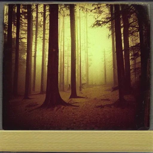 Image similar to aged blurry polaroid photograph of a forest at dusk