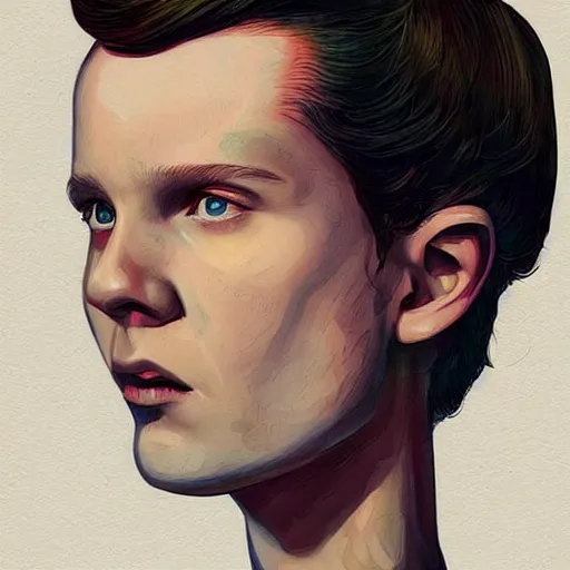 Prompt: beautiful side portrait of Eleven from Stranger things by ((((martine johanna)))), artstation winner,figurativism!!!, portrait,