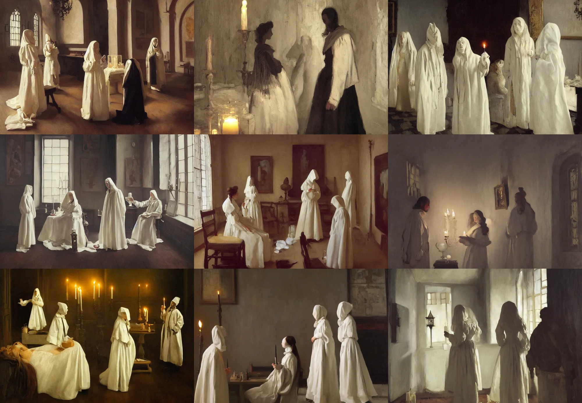 Prompt: painting of white human figures, dark academia aesthetic, victorian doctors, Hogwarts, magic vibes, hard lighting, by, by John Ward, by Arthur Walker, by Vermeer, by Monet, oil on canvas, Royal Academy, candles, dark masterpiece, trending on artstation, cinematic composition, dramatic pose, beautiful lighting, sharp