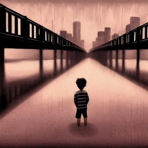Prompt: a lonely boy on a city bridge looking to the river at night, digital painting, masterpiece, digital art, hyperrealistic, concept art, octane render, unreal engine 5, trending on deviantart, sad atmosphere, centered, anatomically correct, oil painting, high contrast, serene scenery, loneliness, path traced, dark night, anime style, 2 d