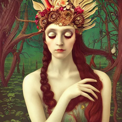 Image similar to a detailed portrait of young woman in renaissance dress and a surreal renaissance headdress, very surreal garden, cyberpunk, surreal tea party, strange creatures, by christian schloe and botticelli, naotto hattori, amy sol, roger dean, moody colors