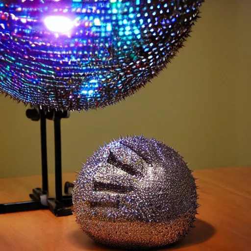 Image similar to a disco ball shaped like a spiky skull, photograph