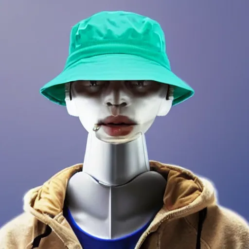 Image similar to a robot wearing a bucket hat, his head looks like a TV