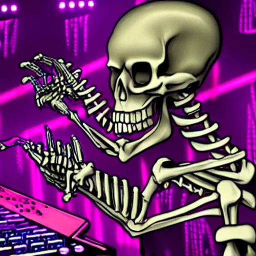 Prompt: a skeleton going ham on a synthesizer in a night club with strobe lights, vivid, detailed, outrun, synthwave, vaporwave