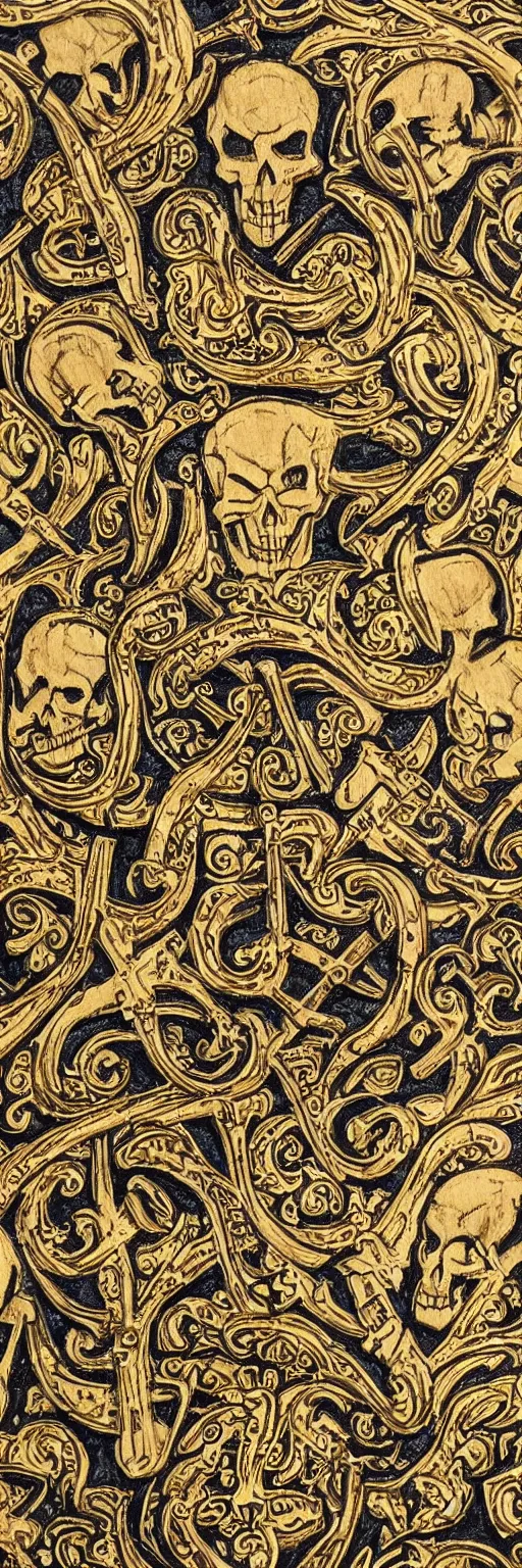 Image similar to magical medieval scroll containing myriad gold inlay symbols and sigils and one a single punisher skull emblem. detailed, high art, intricate, artisan