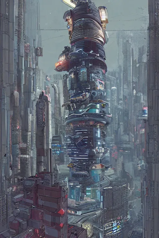 Image similar to comic book illustration, a futuristic hovering tugboat delivers supplies to the 100th floor dock of a very tall building, cyberpunk concept art by Moebius, highly detailed, intricate, sci-fi, sharp focus, Trending on Artstation HQ, deviantart