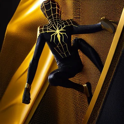 Image similar to gold spider - man suit with black web lining, cinematic, volumetric lighting, realistic, hyperdetailed, photorealistic, photograph