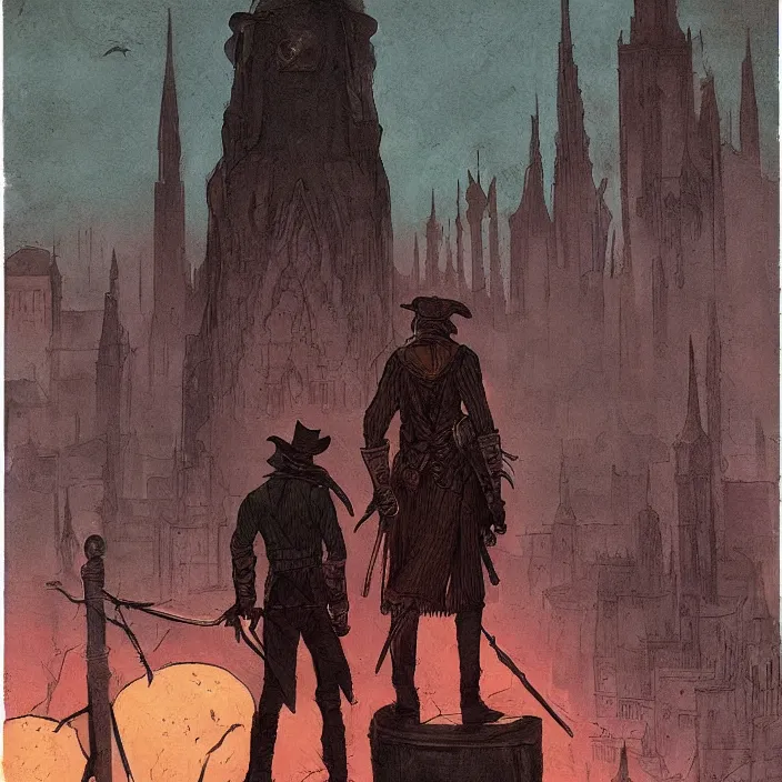 Prompt: hunter from bloodborne in yharnam, style by retrofuturism, faded red and yelow, by malcolm smith, old comics in city, nicholas roerich, katinka reinke