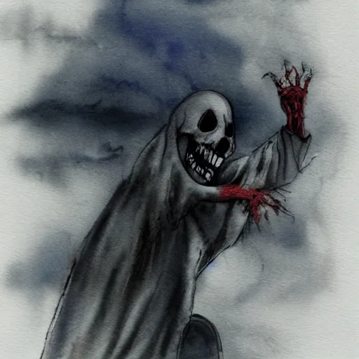 Prompt: A very spooky ghost haunting discord and tugging, watercolor, dark background, foreboding, ominous