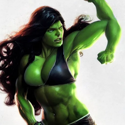 Image similar to she hulk, played by scarlett johannson, beautiful, cinematic, head and shoulders, striking pose, by greg rutkowski