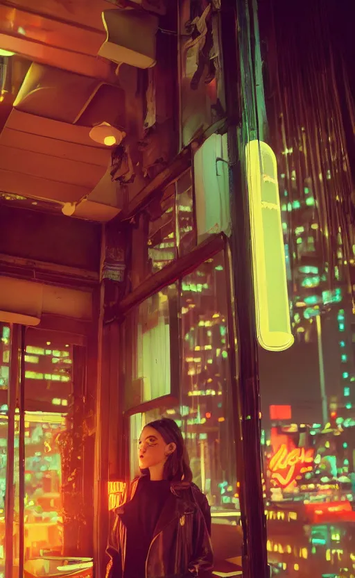Image similar to vertical movie frame portrait of girl in 5 0's retro restaurant interior, neon - decorated urban on night in the city seen through the window, modern interior design, architectural design, vintage, night blade runner, dark, postapocalyptic, clean lines, 4 k, octane, asian futuristic city at distance, big windows, octane, wide angle
