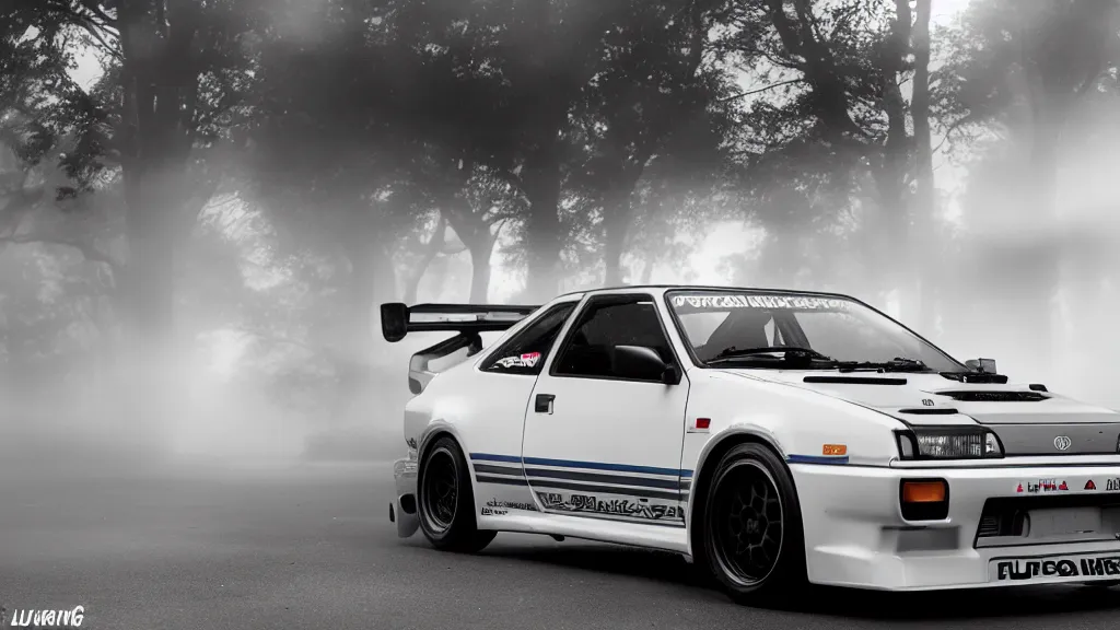 Image similar to takumi fujiwara's toyota ae 8 6, cinematic, nikon d 7 5 0, long exposure, white balance, 8 k, led, lumen global illumination, fog, ray tracing reflections, fxaa, rtx, post - production