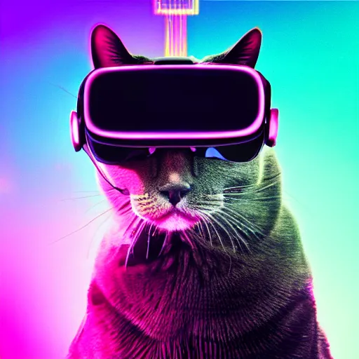 Prompt: a cat wearing a vr headset, synthwave, rgb