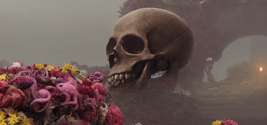 Prompt: an octopus in the shape of a skull surrounded by flowers at dawn | with a [ raven ] |, foggy, cinematic shot, photo still from movie by denis villeneuve, wayne barlowe