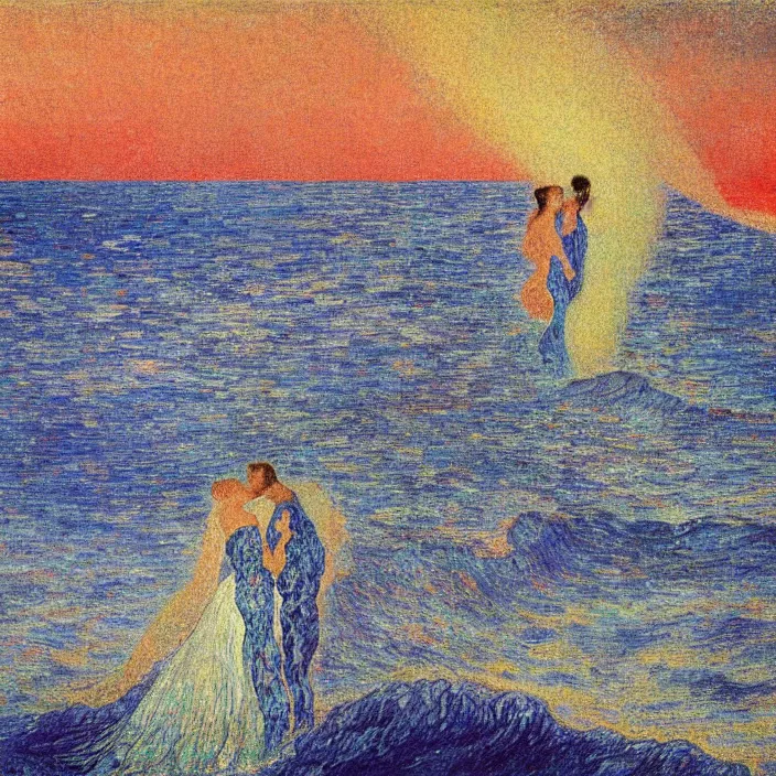 Prompt: close view of woman and man kissing at the edge of the ocean with tsunami great wave sun setting through the storm clouds. lapis - lazuli. iridescent, vivid psychedelic colors. painting by jean delville, ciurlionis mikalojus konstantinas, schiele, henri de toulouse - lautrec, utamaro, monet