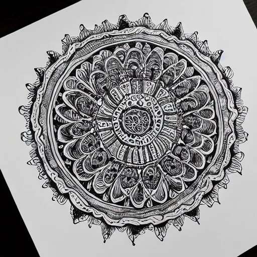 Prompt: a hyper detailed organic biomorphic black and white ink drawing of a super symmetrical mandala lizzie snow zen pattern zentangle henna hyper realism crazy detail