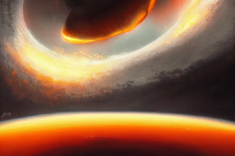 Image similar to a beautiful oil painting of the event horizon of a black hole, orange, warping, detailed, beautiful, awe - inspiring, bright, by greg rutkowski, trending on artstation