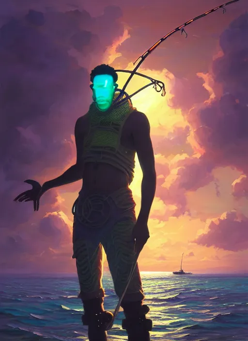 Prompt: portrait of a male jamaican fisherman sci - fi glowing fishing armor fishing rod cyberpunk muscular intricate elegant highly detailed digital painting artstation concept art, ocean background, reggae colors, cinematic, greg rutkowski, loish, rhads, ferdinand knab, makoto shinkai and lois van baarle, ilya kuvshinov, rossdraws, tom bagshaw