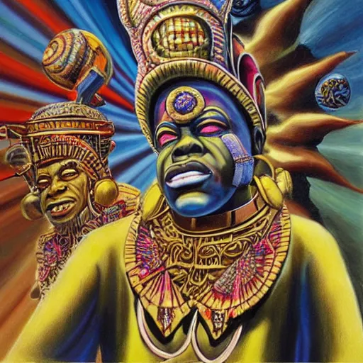 Prompt: beautiful lifelike painting of sun ra and his interstellar arkestra, hyperreal detailed facial features and uv lighting, art by ed roth and basil wolverton